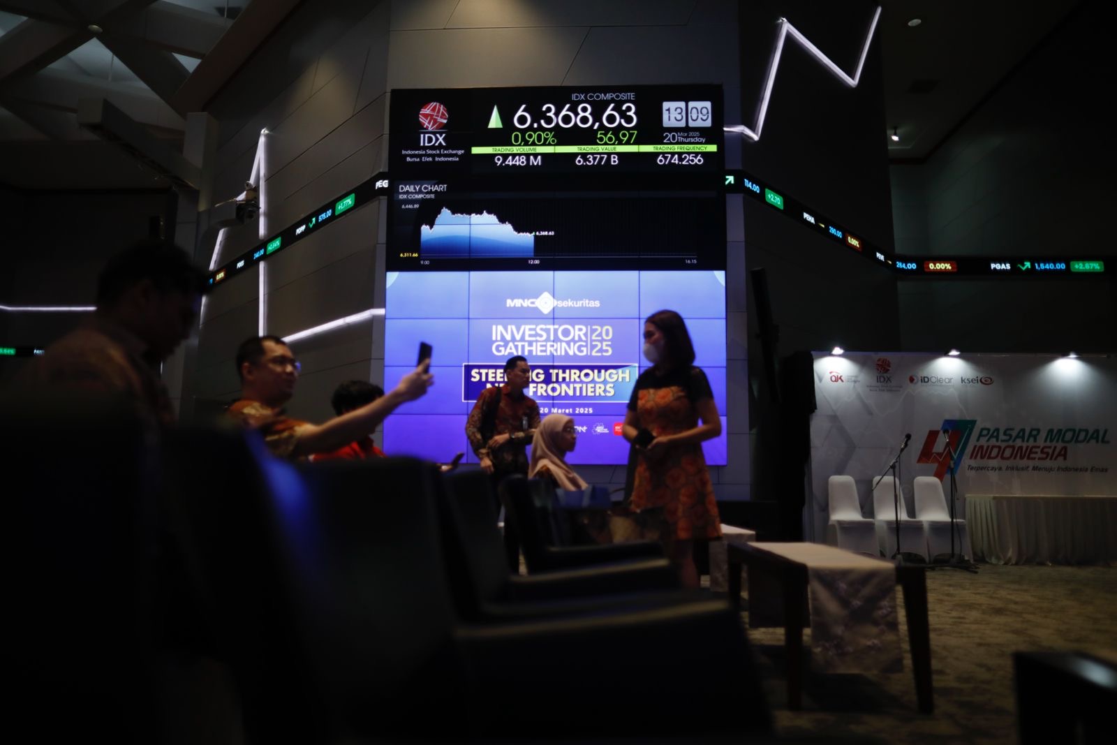 Aktivitas di Bursa Efek Indonesia (BEI) dan di Papan Pantau Saham, Kamis, 20 Maret 2025. Hari ini Papan Pantau terlihat hijau. Foto: KabarBursa/Abbas Sandji