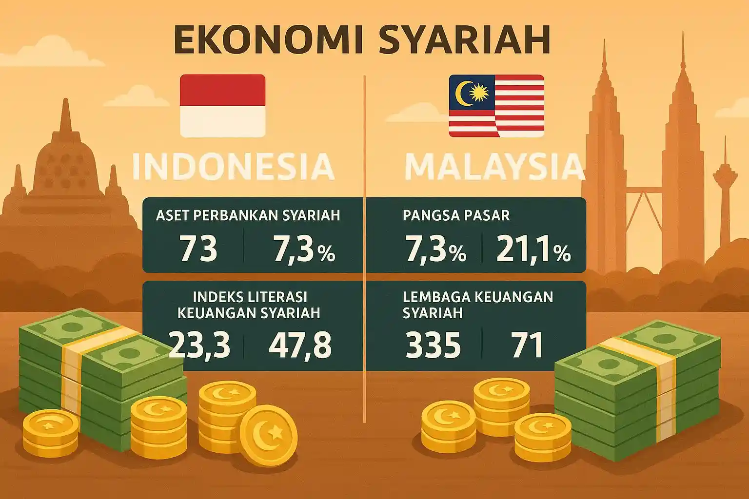 Ilustrasi perbandingan ekonomi syariah Indonesia vs Malaysia. Ilustrasi dibuat oleh AI untuk KabarBursa.com.