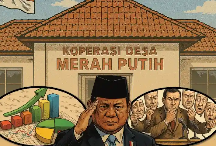 dinamika proyek Kopdes Merah Putih sebagai koperasi desa Indonesia. Gambar ini menyoroti ambisi pembentukan koperasi di 80.000 desa, isu tata kelola modern, risiko korupsi, hingga pengaruh politik lokal menjelang 2029. Kupas tuntas pro-kontra Kopdes Merah Putih, anggaran triliunan, tantangan digitalisasi, serta literasi keuangan dan pengawasan dana koperasi desa. (Ilustrator:Andrew Bernad/Kabarbursa.com)