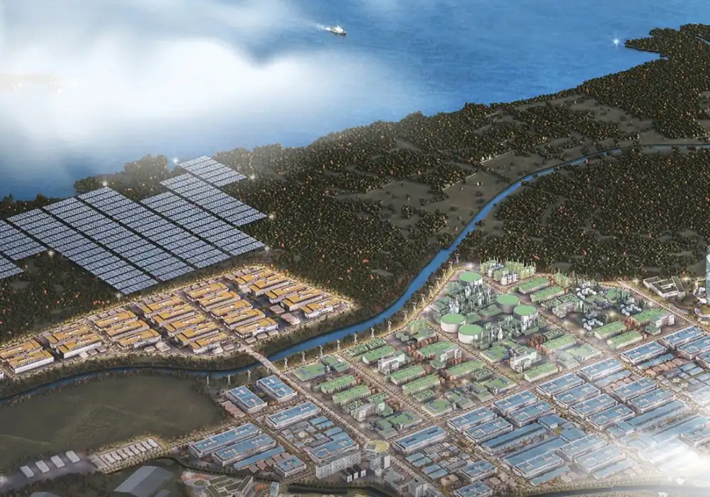 Render kawasan Patimban Industrial Estate milik Grup Barito Pacific yang dikelola oleh anak usaha properti mereka, Griya Idola. Terlihat blok industri berjejer di sisi pantai dengan tata letak terintegrasi antara fasilitas manufaktur, utilitas, dan pelabuhan. Foto: IG @baritopacific.id.