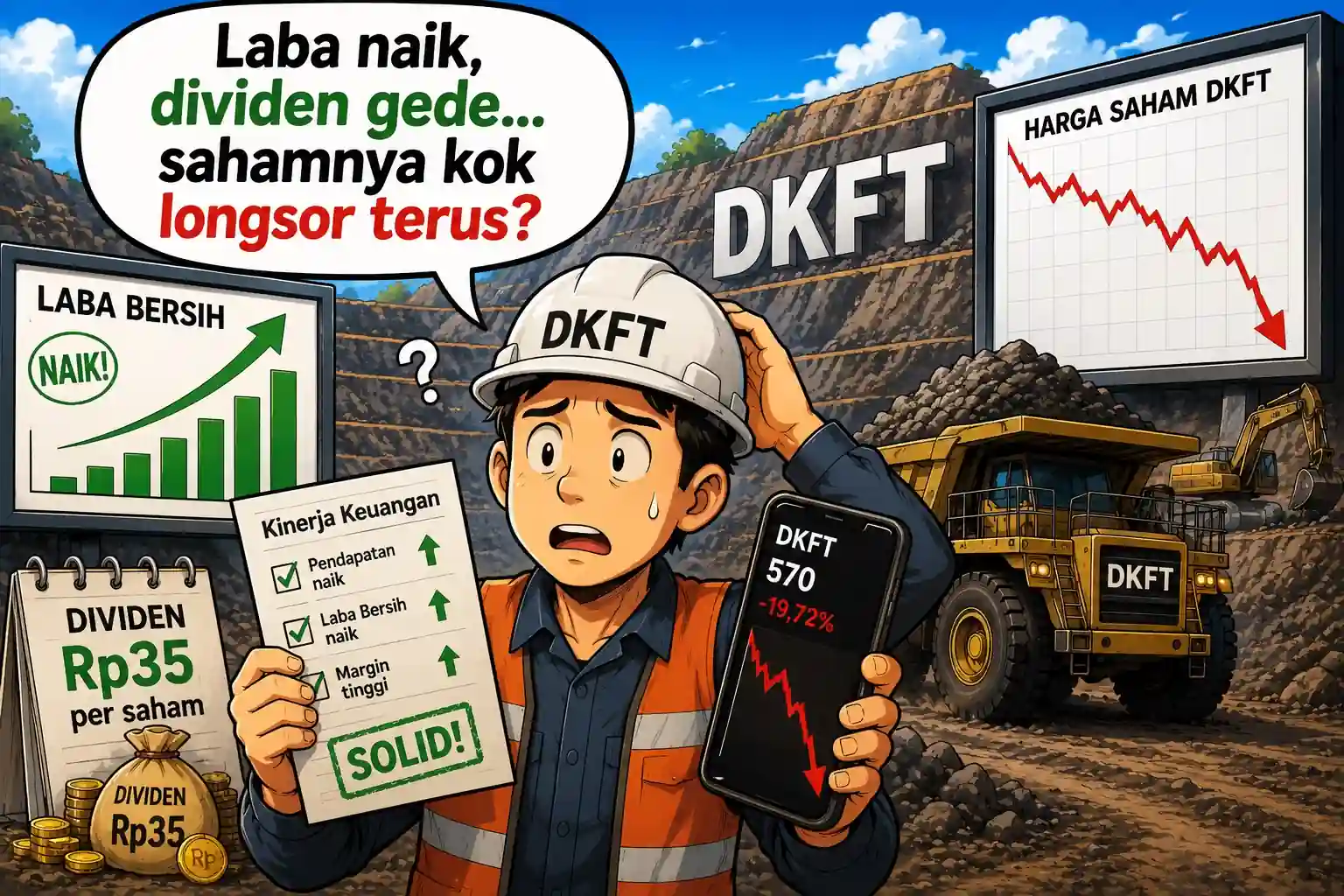Saham DKFT turun hampir 20 persen meski laba, dividen, dan rasio keuangan membaik. Benarkah asing melihat risiko yang belum disadari pasar? Gambar dibuat oleh A