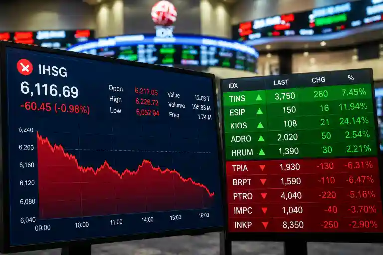 IHSG turun 99,13 poin atau 1,62 persen ke level 6.002,20. (Foto: KabarBursa)